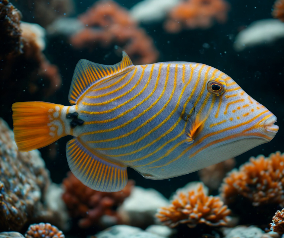 Colorful fish with yellow stripes swimming among coral in an aquarium setting