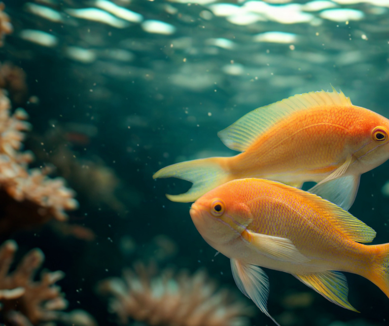 Two Anthers fish swimming near coral in an underwater scene