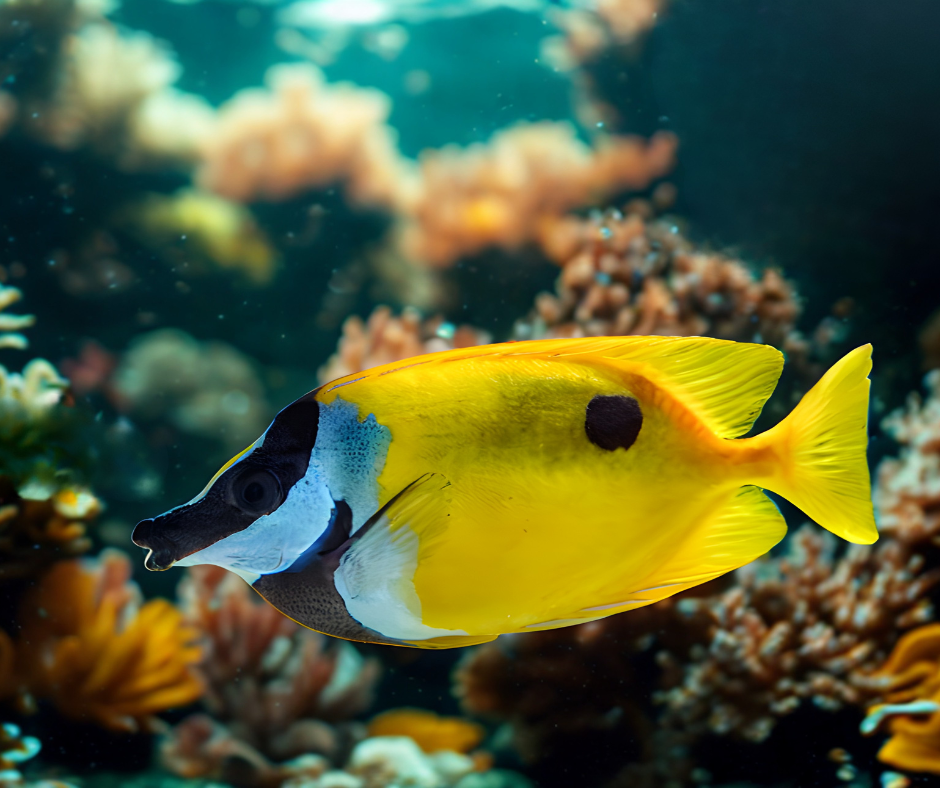 Yellow fish with black and white markings swimming among coral in an underwater scene